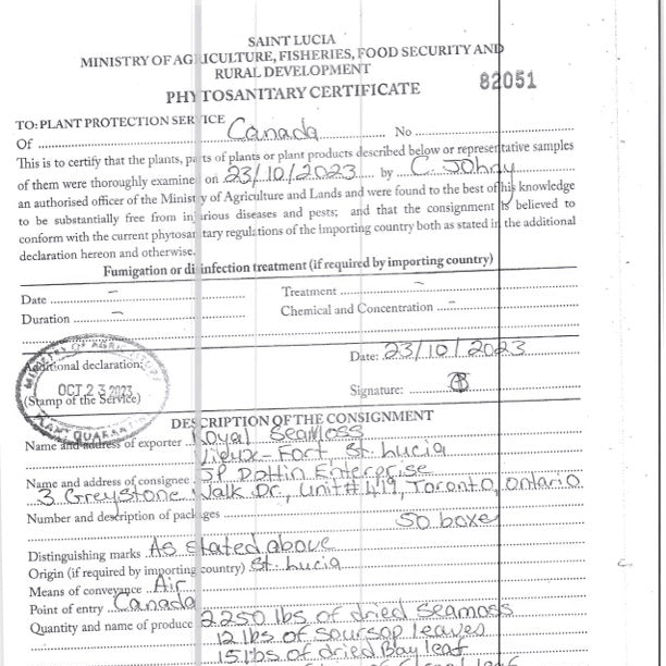 St. Lucian Gold Sea Moss - phytosanitary certificate
