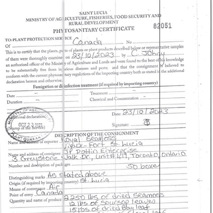 St. Lucian Gold Sea Moss - phytosanitary certificate