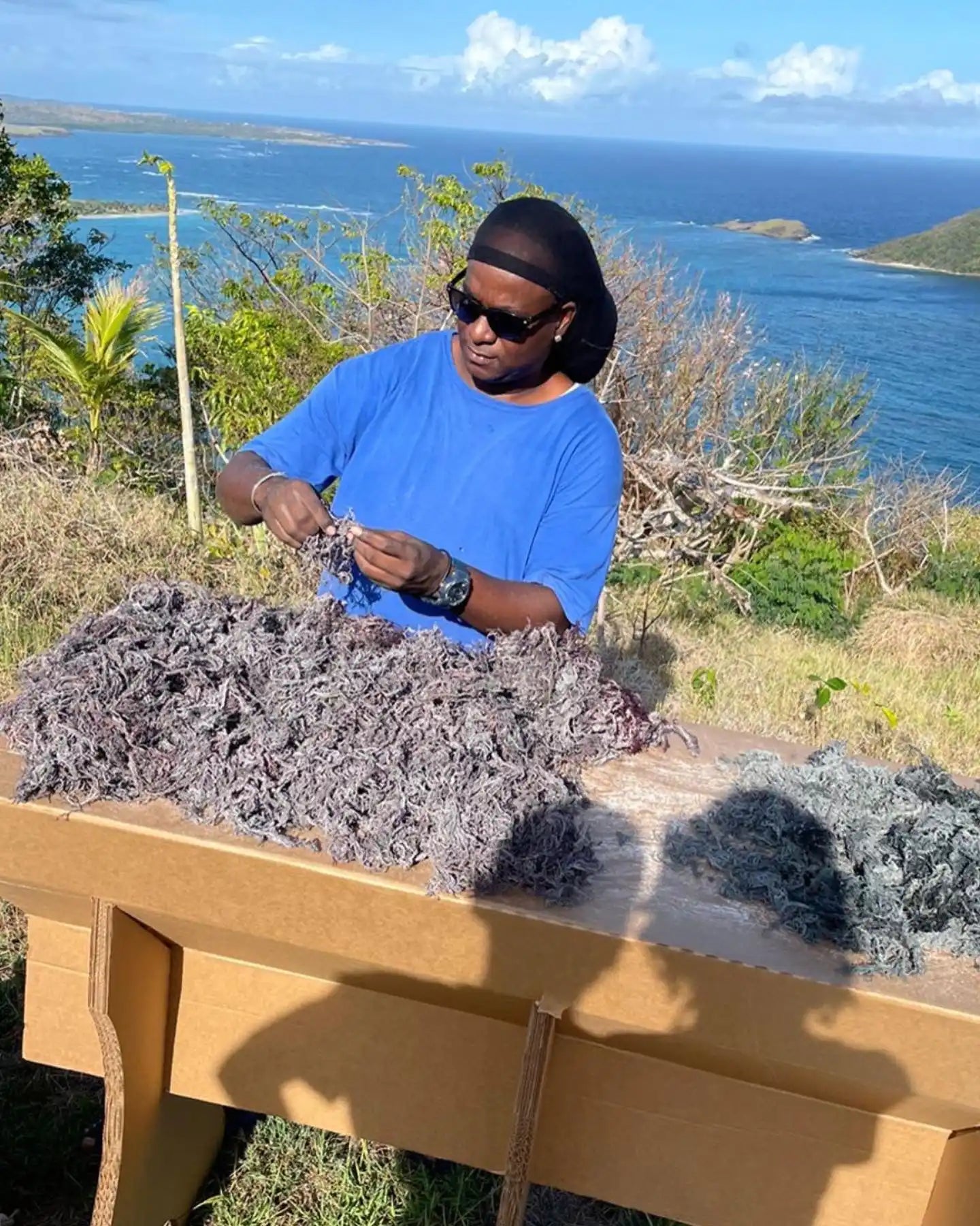 Someone wearing a blue t-shirt and sunglasses working with what appears to be dried lavender on a wooden table.